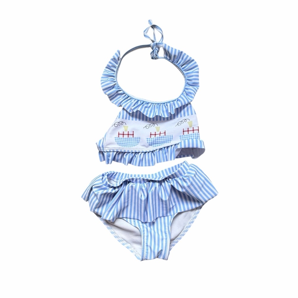 Blue Striped Ruffle Bikini Set